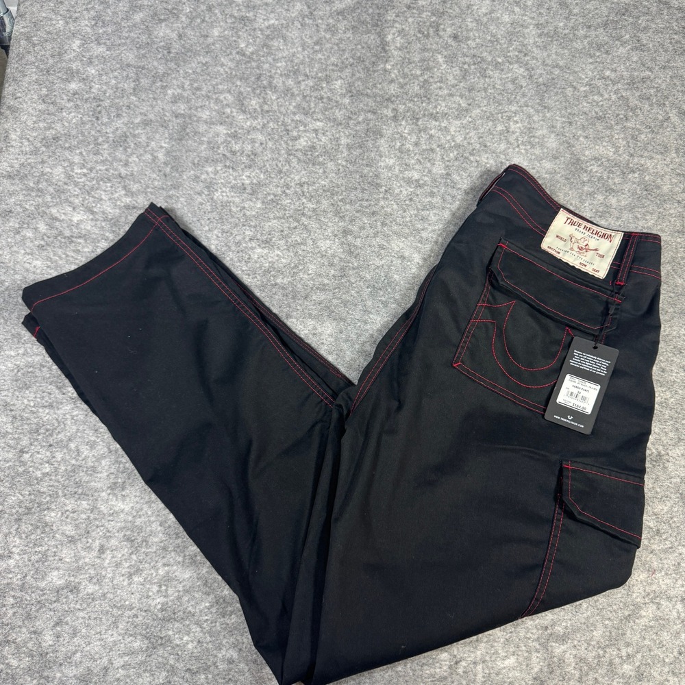 True Religion Mens Black Red Contrast Stitch Cargo Pants Straight Leg 34 NEW